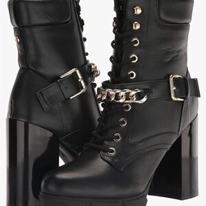 Nine West Vilage3 Black Lug Sole Lace-Up High-Heel Boots with Gold Chain